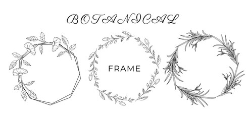 Frame for design. Minimalistic Herbal Botanical set of border. Collection of trendy modern hand drawn flowers. Single line art and clip art.  Silhouette. Elements. Cut out. Speech bubbles