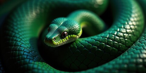Fototapeta premium A close-up of a vibrant green snake coiled gracefully, showcasing its intricate scales and captivating eyes, perfect for nature-related projects and wildlife education.
