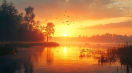 Serene Sunrise Over Tranquil Waters with Misty Reflections and Silhouetted Trees, Birds in Flight, and Nature's Beauty at Dawn