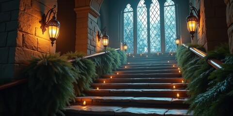 A beautifully lit staircase adorned with candles and greenery, creating a warm, enchanting atmosphere ideal for weddings, events, or holiday celebrations.