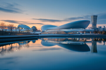 Stunning landscape view of Osaka Expo lake area during sunset with striking architecture reflected in calm waters
