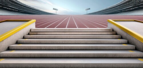 A staircase in an athletics stadium with wide, gently sloping concrete steps, yellow safety edges, and sweeping views of the track below