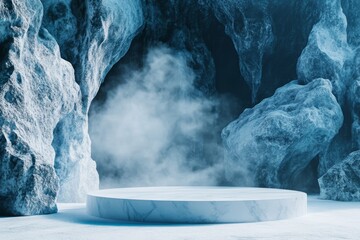 Product display with an Antarctic glacier mountain set outdoors.