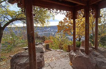 A view of Stuttgart, Germany, from a gazebo of its Chinese garden