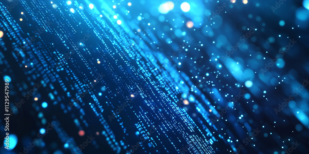 Poster Digital particles float through a blue and black background creating a mesmerizing visual experience in a futuristic environment