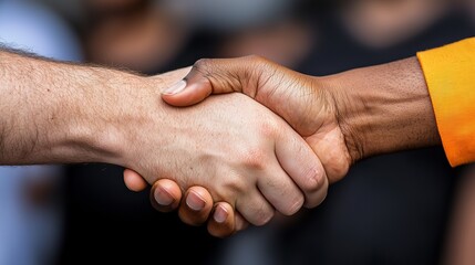 Fototapeta premium A close-up of a handshake between a Caucasian male and a Black male, symbolizing unity and collaboration.