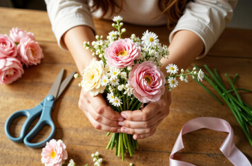 A girl florist saleswoman in a flower shop, selling flowers for holidays like March 8 and Valentine's Day, bouquets.