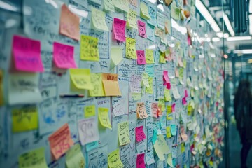 Fototapeta premium A vibrant wall covered in colorful sticky notes, showcasing ideas, reminders, and brainstorming efforts in a creative workspace.