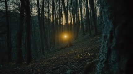 Fototapeta premium A serene forest scene at dusk, illuminated by a soft glowing light.
