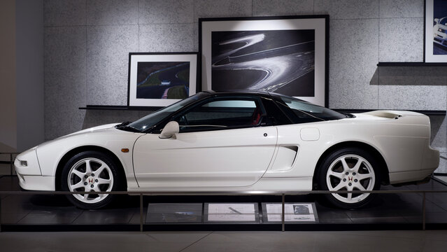 FUJI, JAPAN - 23 NOVEMBER 2024: ON DISLPAY AT THE FUJI SPEEDWAY MOTOR MUSEUM, VINTAGE MOTORSPORT ICON, THE HONDA NSX TYPE-R IN CHAMPIONSHIP WHITE PAINT AND CONTRAST ROOF, RED INTERIOR BUCKET SEATS