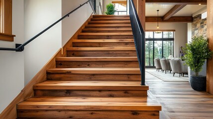 A striking wooden staircase with thick, natural wood steps and a modern black steel railing in a Craftsman-style interior