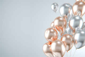 luxury balloon arrangement, prize-winning photo featuring lavish platinum silver backdrop adorned with silver and rose gold balloons on either side