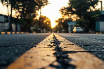 Sunset view along a cracked road with trees lining the street in an urban neighborhood