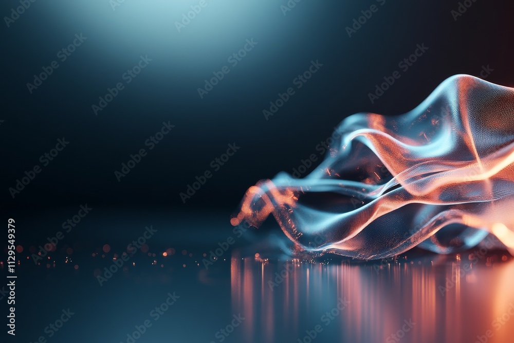 Poster colorful flowing fabric creating dynamic light patterns on a reflective surface in an artistic displ