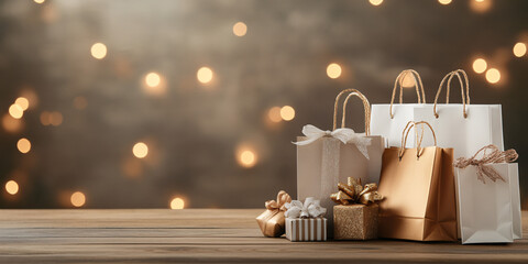 Festive Shopping Bags and Gift Boxes in Gold and White with Atmospheric Holiday Lighting
