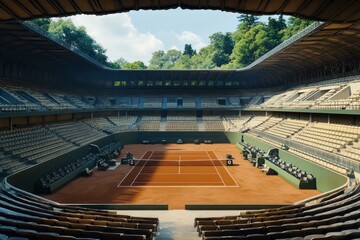 A tennis stadium with clay courts, terraced seating, and a lush tree-lined backdrop creating a natural, open-air ambiance