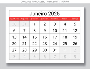 Set of PORTUGUESE monthly calendar for 2025 year. Vector collection set with page illustration for Portugal