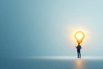 Person standing with a glowing light bulb above their head in a minimalistic environment at sunrise