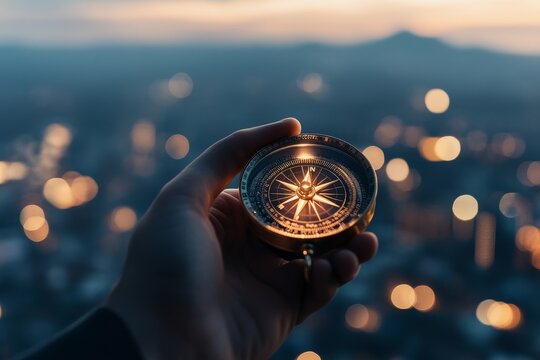 Holding a compass against a city skyline at dusk reveals direction and adventure opportunities