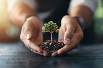 Hands holding a young tree planted in soil, symbolizing care and environmental stewardship