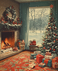 Vintage illustration of christmas tree with fireplace