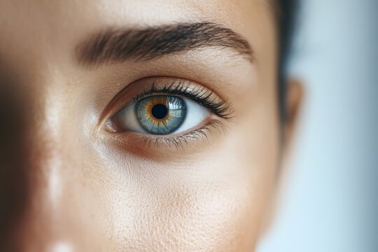 Close-up of an expressive eye showcasing unique iris colors and fine details of eyelashes and skin texture in natural light