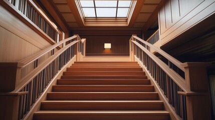 Fototapeta premium A wooden staircase with a warm natural finish, minimalist metal railings, and a skylight above in a modern Craftsman home
