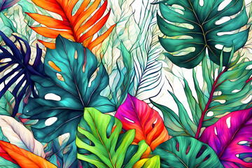 Vibrant tropical foliage & colorful flowers seamless background