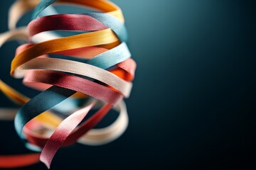 Colorful ribbons twist and turn creatively against a dark backdrop in a dynamic presentation of texture and motion