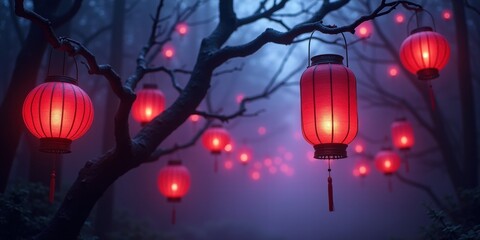 Mystical scene of glowing red lanterns hanging from dark tree branches in a foggy forest, evoking a sense of enchantment and tranquility. Perfect for themed events or decor.