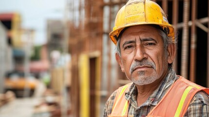 An aged Hispanic worker stands confidently at a bustling construction site, showcasing his resilience and dedication. The urban backdrop illuminates the effort behind city development