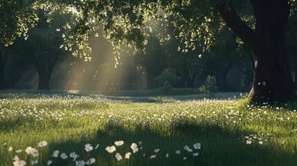 A serene forest scene with sunlight filtering through trees over a grassy meadow.