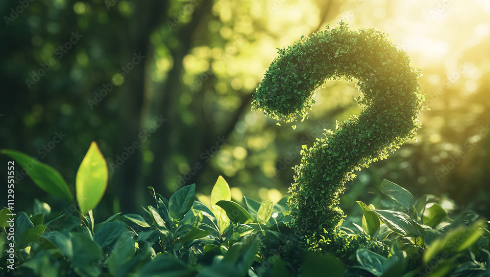 Poster unique green question mark sculpture surrounded by lush foliage in a sunlit forest setting