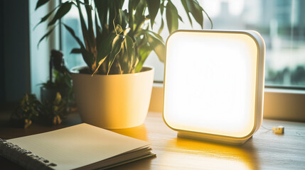 Illuminated therapy lamp and potted plant on a desk for Seasonal Affective Disorder (SAD) treatment