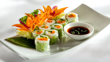 Fresh Vietnamese spring rolls served with dipping sauce, garnished with vibrant vegetables and flowers, creating delightful presentation