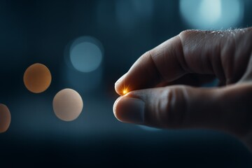 Holding a small glowing orb between fingers in a dimly lit environment showcases intricate details of light