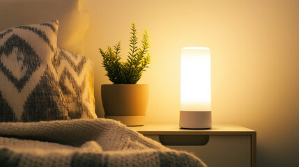 Elegant lamp providing warm light in cozy bedroom with plant for SAD therapy concepts