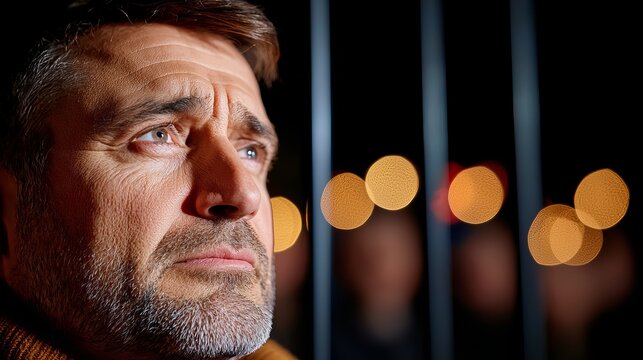 Close-up of a middle-aged Caucasian man with a pensive expression set against a blurred background of lights.