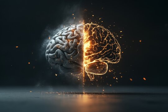 Concept of human brain with split design showcasing creative and analytical thinking