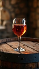 A elegant red wine glass on a rustic wooden barrel, perfect for showcasing wine culture, tasting events, or vineyard promotions.