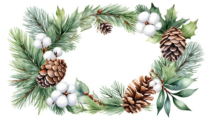 Merry Christmas watercolour decor greetings Happy New Year wishes and Xmas elegant Christmas card, with fir branches, pine cone, cotton, leaves, Botanical winter greenery holiday illustration white.