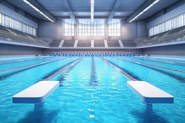 Obraz premium An Olympic-sized swimming pool with pristine blue water, clean white diving boards, and tiered spectator seating in a well-lit arena