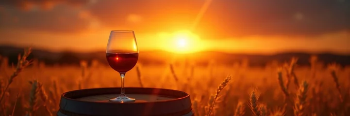 Gardinen A serene sunset view featuring a wine glass resting on a barrel amidst golden fields, perfect for evoking warmth, relaxation, and rustic elegance in any project. © val