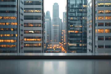 City skyline view through large office windows at dusk with lights illuminating tall buildings