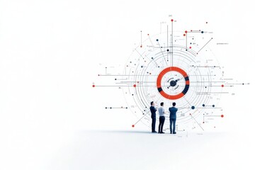 Professionals discussing data visualization in a modern business setting with analytical graphics on a white background