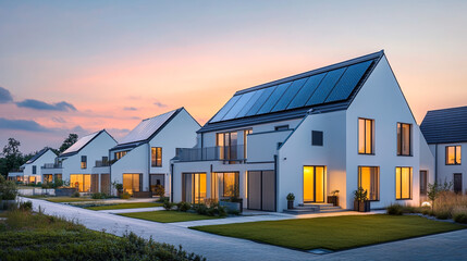 Obraz premium Modern Sustainable Homes Solar Panels Eco Friendly Housing Development at Dusk