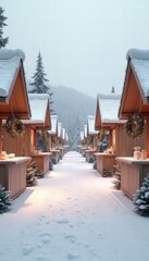 Fototapeta premium Cozy winter scene featuring snow-covered cabins adorned with festive wreaths, perfect for promoting holiday tourism and winter getaways.