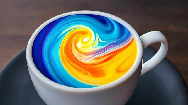 Colorful liquid forming abstract pattern inside coffee cup