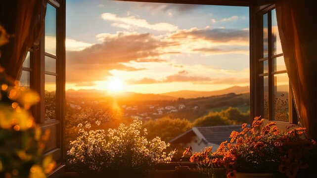 A Tranquil and Gorgeous Sunset View from Within an Open Window Framed Beautifully by Colorful Flowers