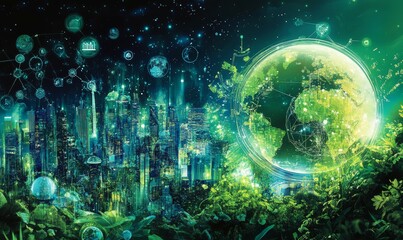 Obraz premium Futuristic city, green planet, data network, lush foliage.